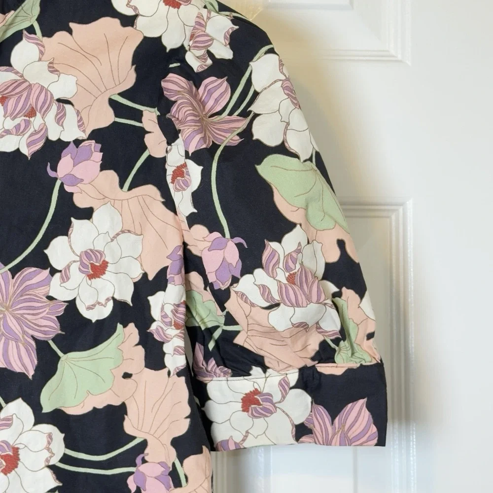 Who What Wear Black Pink Green Floral Blouse Puff Sleeve Ruffle Collar Women's S